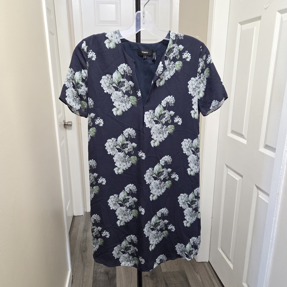 Theory Silk Blend Navy Floral Dress | Minimalist Designer Shift Dress - Picture 2 of 7
